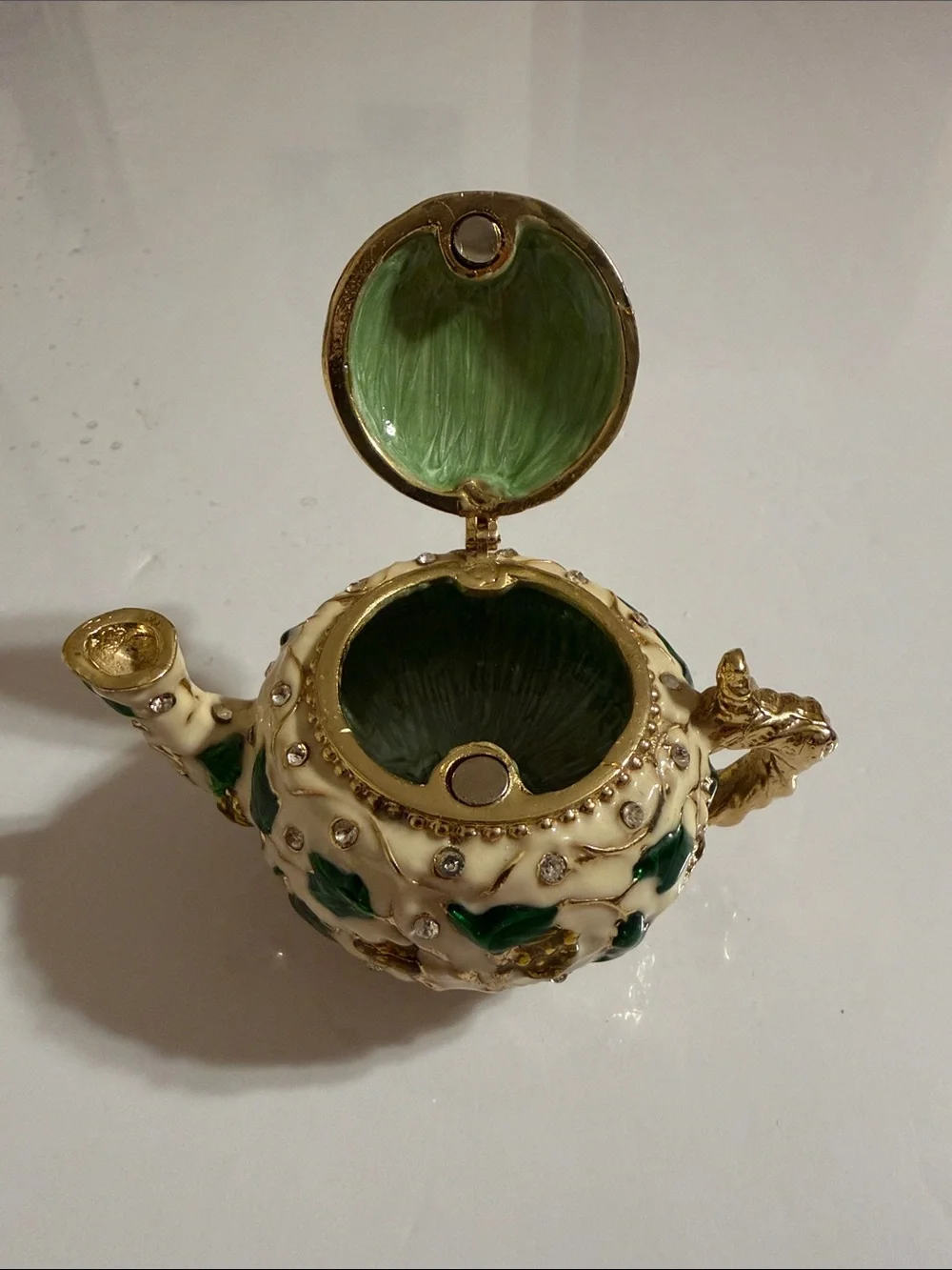 Ornate Decorative Teapot Accent with Green Leaf Detailing Trinket Box